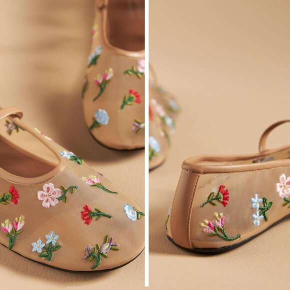 Nude Mesh Ballet Flats Women Tulle Floral Embroidered Round Toe Comfortable - Picture 4 of 6